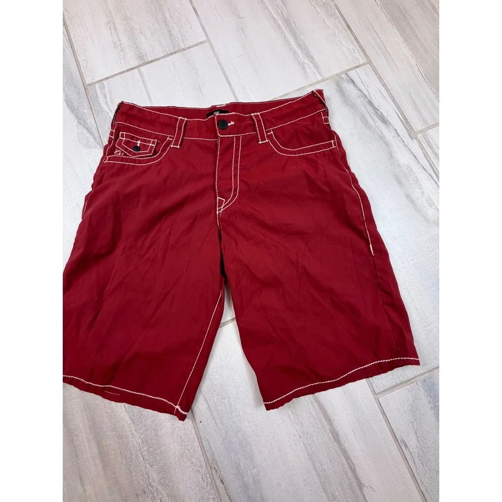 True Religion Ricky Relaxed Straight Red Shorts White Contrast Stitch Mens 33